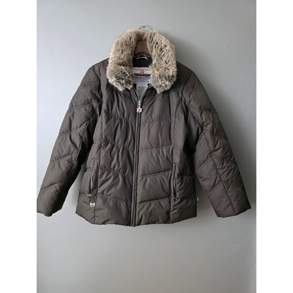 Free Country Power Down Series Puffer Jacket Faux Fur Collar Brown Large